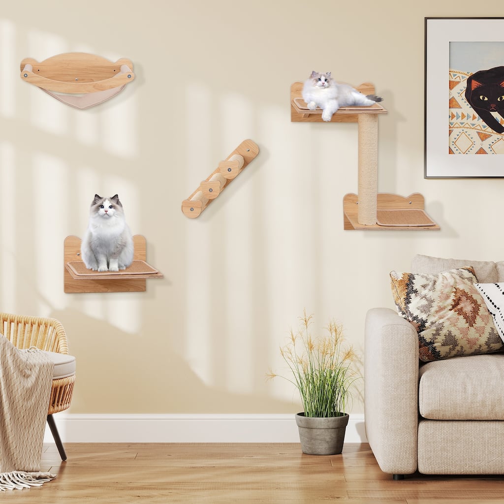 Natural Plywood Cat Wall Shelves with Hammock, Stairs and Scratching Posts - Hammock: 19" L x 13.5" W x 6.5" H