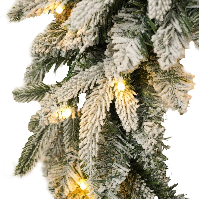 Xmas Snow Garland and Snow Xmas Tree, 3 Pac Snowy Flocked Christmas Decor with LED Lights,9ft Flocked Garland,6ft Flocked Tree