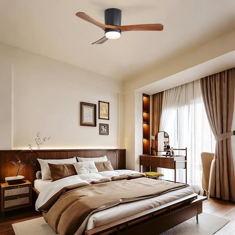 Sofucor 42" Low Profile Flush Mount Ceiling Fan with Lights Remote Control,with 3 Solid Wood Blades,Reversible,Dimmable