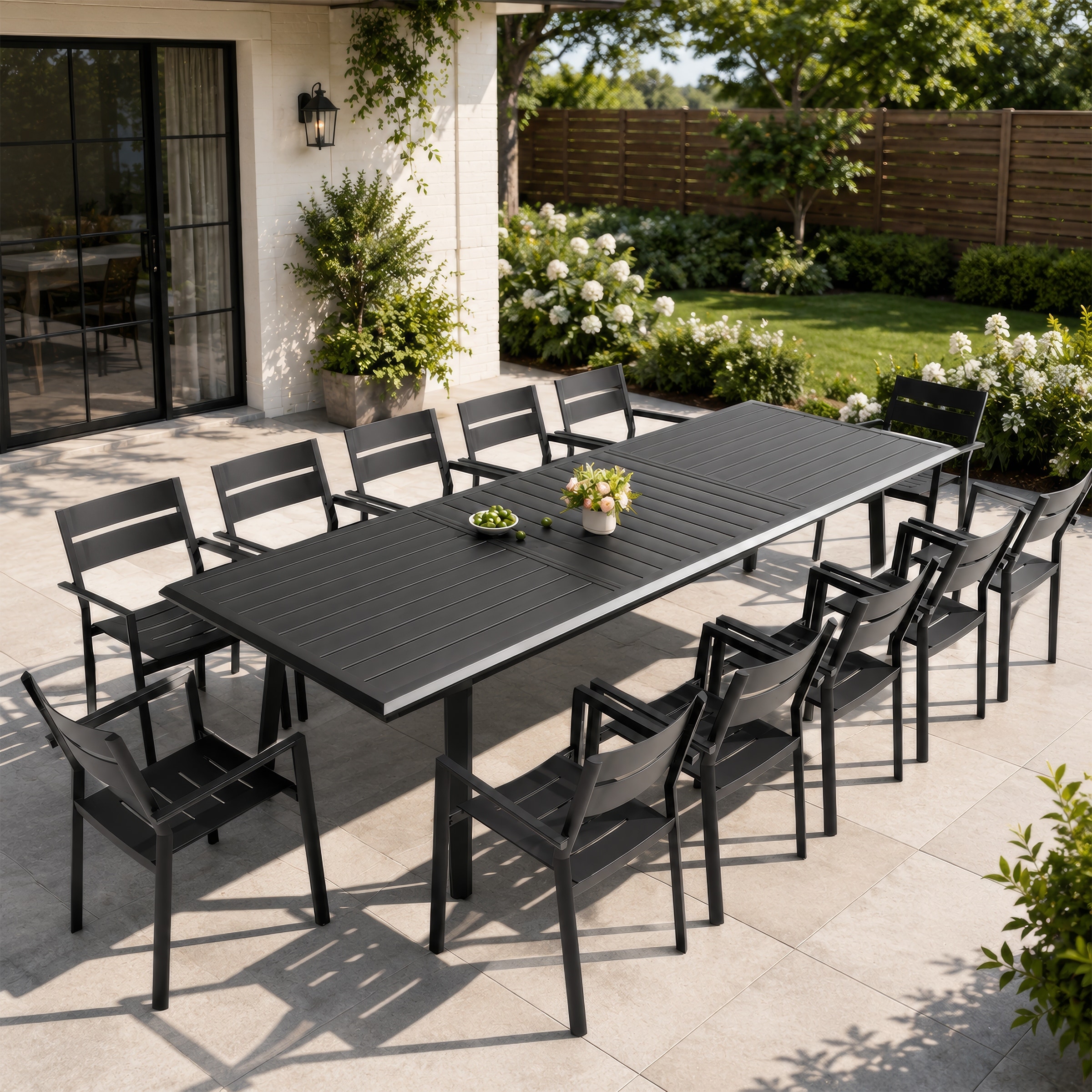 7/9/11/13-Piece Set Outdoor Aluminum Dining Table with Umbrella Hole and Stackable Chairs