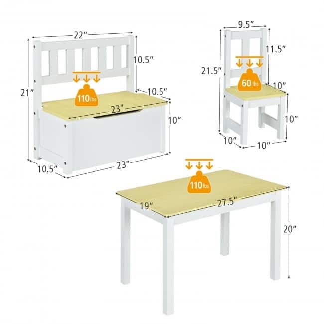 4 Pieces Kids Wooden Activity Table and Chairs Set with Storage Bench and Study Desk - 27.5" (L) X 19" (W) X 20" (H)