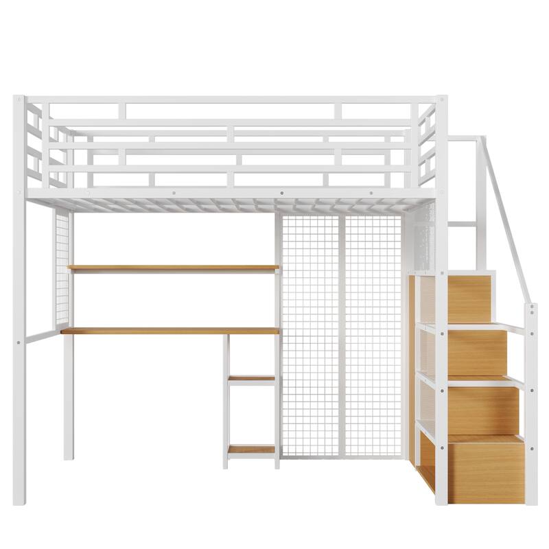 Full Size White Metal Loft Bed with Built-in Wardrobe, Desk & Storage Shelves