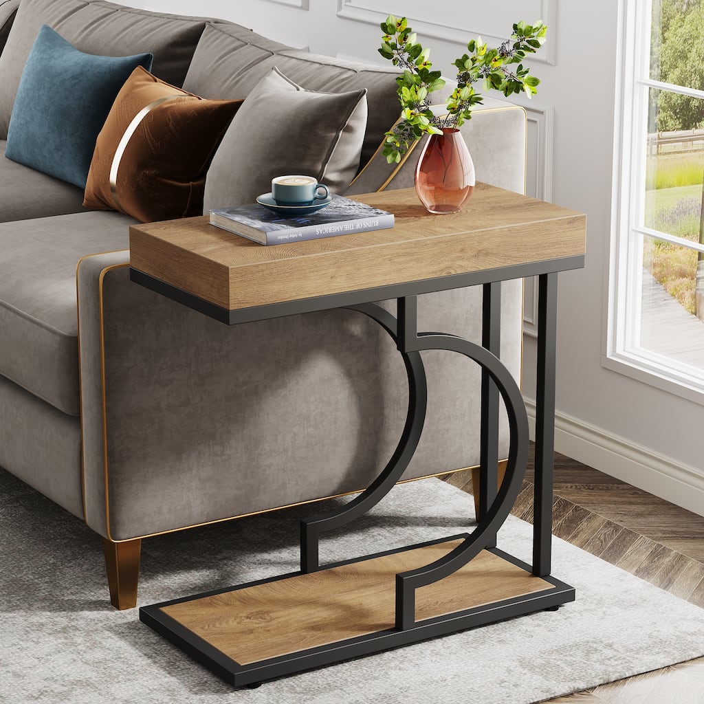 2 Tiers C Shaped Narrow End Chairside Table for Living Room