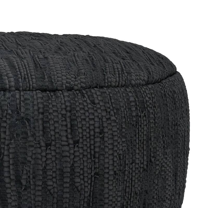Simpli Home Fredrik 30" Wide Boho Pouf in Black Genuine Woven Leather, Assembled