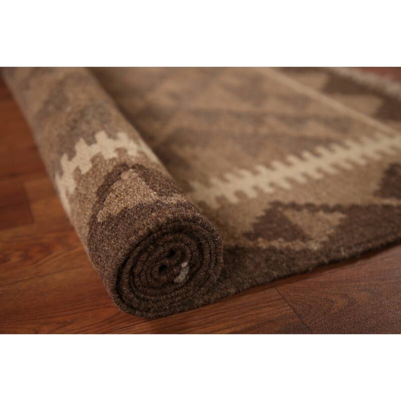 Brown Kilim Oriental Area Rug Flat-weave Wool Carpet - 3'3" x 4'10"