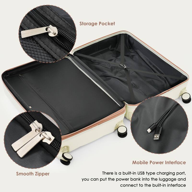 Durable ABS 4-Piece Luggage Set with USB Port, Expandable Suitcases, Spinner Wheels, Cup Holder & Travel Bag