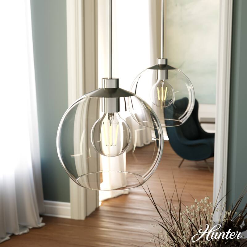 Hunter Xidane 1 Light Clear Glass Pendant or Semi-Flush Light - Kitchen Island, Dining Room, Entry - Glam, Contemporary - 12" - Brushed Nickel