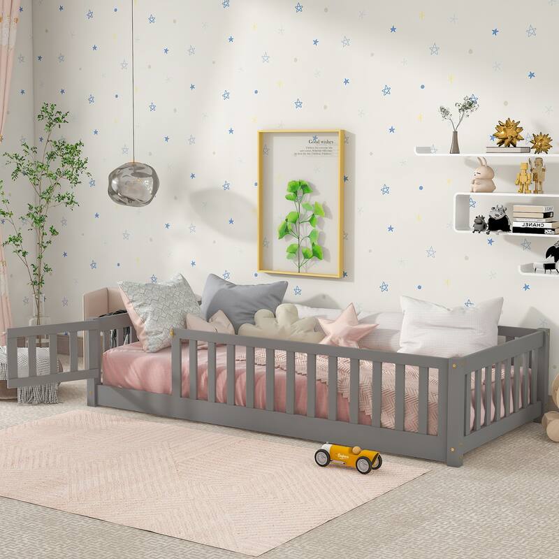 Floor Platform Bed with Fence and Door