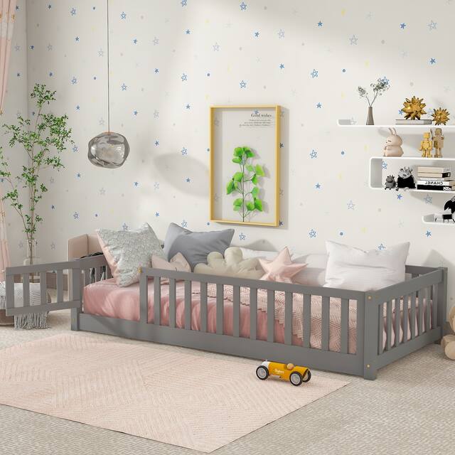 Twin/Full/Queen size Floor Platform Bed with Fence and Door for Kids, Toddlers - Grey - Twin