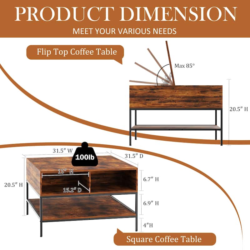 Modern Flip-Top Coffee Table‌ – Dark Walnut & Black Metal Frame, 31.5" Lift-Top with Hidden Storage, Easy Assembly