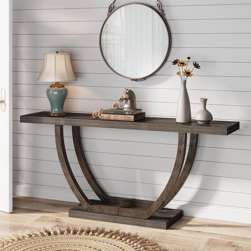 63 Inches Skinny Console Table with Geometric Base for Living Room Foyer