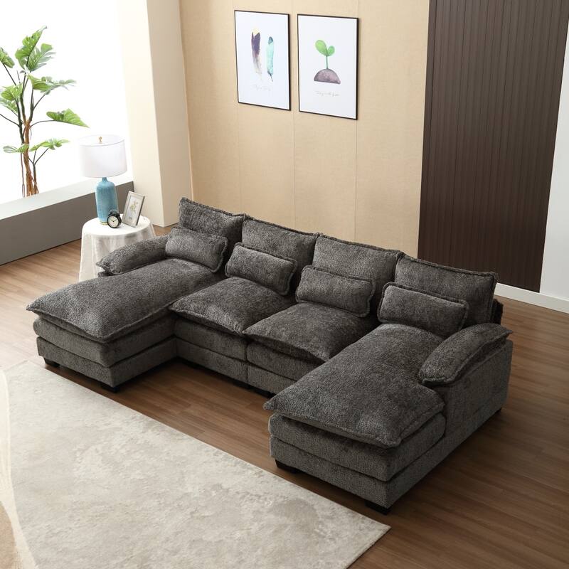 Sectional Sofa Cloud Couch for Living Room, Modern Chenille/Boucle U Shaped Couch, Comfy Modular Sofa Sleeper with Double Chaise