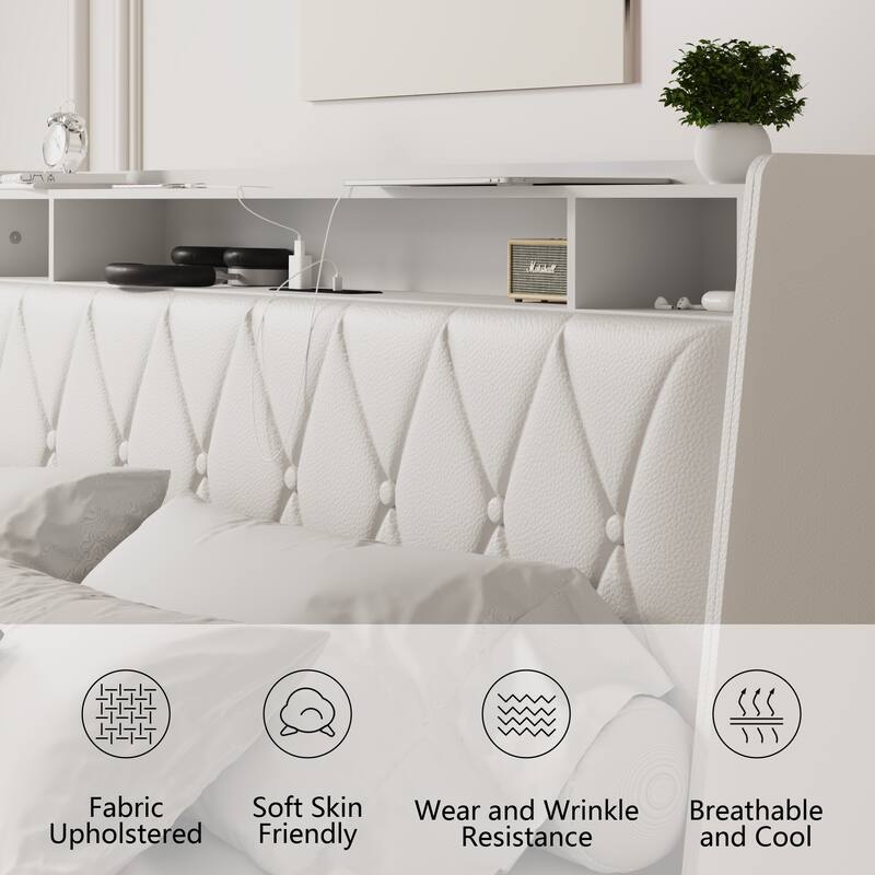 Queen Bed Frame with Ergonomic Headboard, Built-in Outlets & Charger, Storage Shelf, Noise-Free, No Box Spring Needed