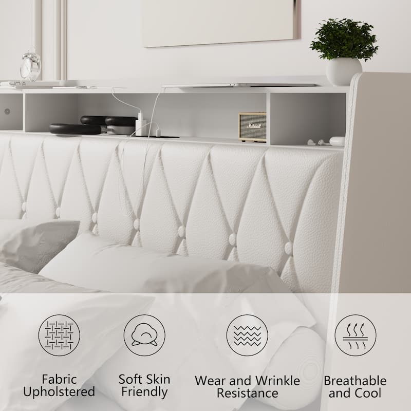 Wooden Platform Bed Frame with 4 Drawers/Ergonomic Upholstered Headboard with Charging Ports & Storage Shelf/Metal Frame Support