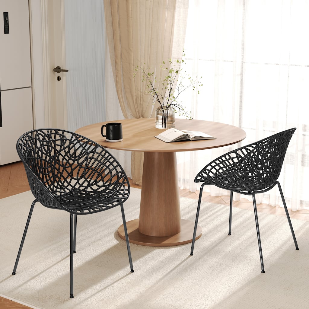 Roomfitters Neiman Outdoor Plastic Dining Chairs with Iron Legs, Modern Diamond Pattern, Set of 2