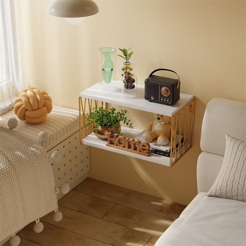 White and Gold Bedside Wall Shelves for Bedroom - 8"D x 16"W x 8.5"H