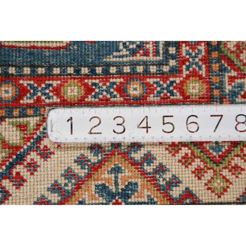 Blue Geometric Kazak Foyer Rug Traditional Handmade Wool Carpet - 2'8"x 3'11"