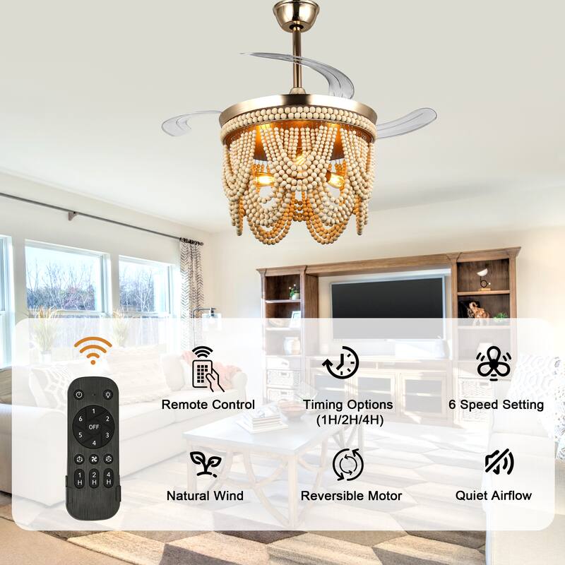 Bella Depot 42" Bohemian Retractable Ceiling Fan with Remote and Light 6-speed Reversible DC Motor