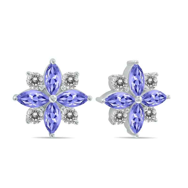 Marquee 1 Carat TW Tanzanite and Diamond Flower Earrings in 10K White Gold