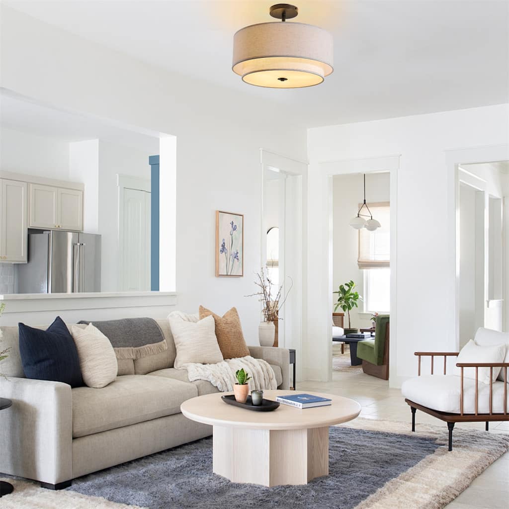 16" Modern Ceiling Light, Fabric Upholstered, Flush-Mount Fixture (Bulb Not Included)