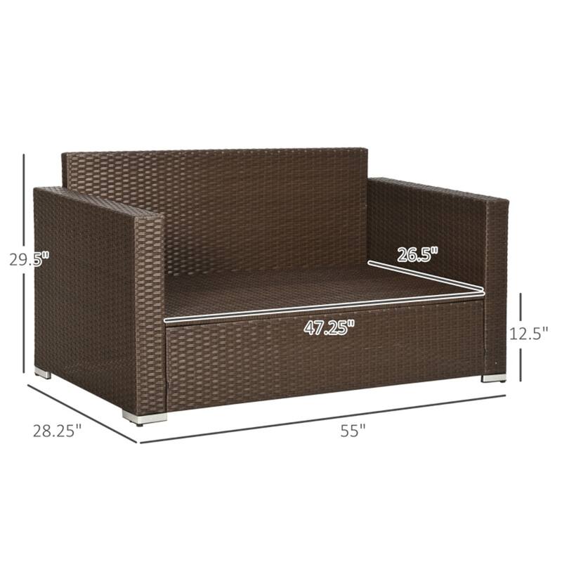 Brown Rattan Outdoor Loveseat Sofa for 2 Seaters with Cushions and Throw Pillows - 1 Piece