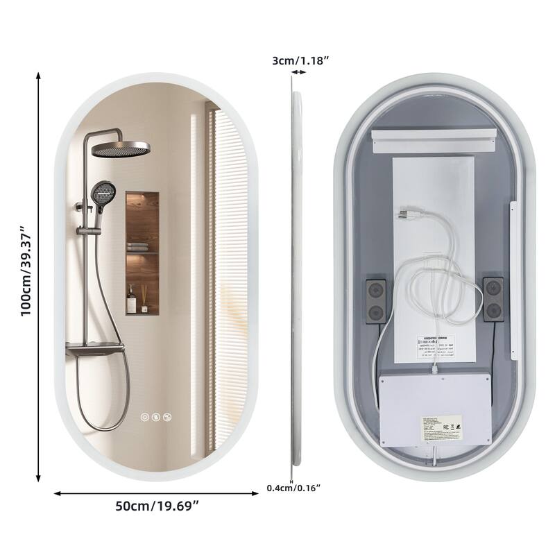 Oblong Bluetooth Led Lighted Bathroom Makeup Mirror Tempered Glass Backlit Vanity Mirror