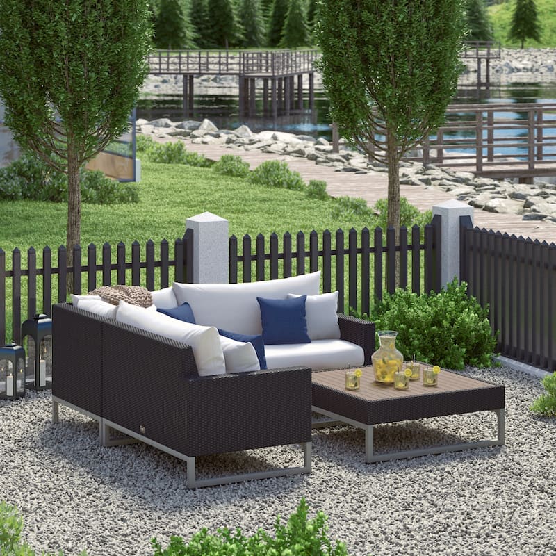 Milo Espresso 4 Piece Sunbrella Outdoor Patio Sectional with Table