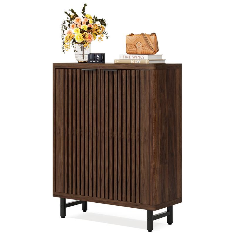 Wooden Shoe Cabinet with Shutter Doors, Adjustable Shelves Large Hidden Storage Organizer Rack for Entryway Hallway