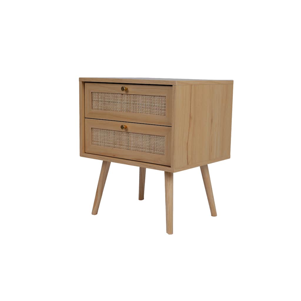 Vintage Modern Nightstand with Cane Drawers - Wood Grain Surface, Stable Frame & Spacious Storage