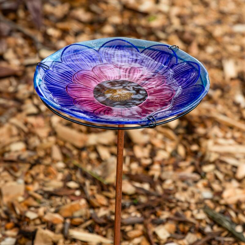 Deck-Mounted Glass Bird Bath with Stake
