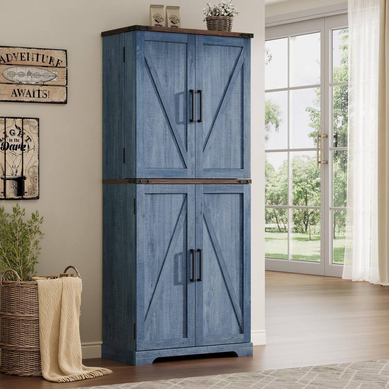 Farmhouse Wood Pantry Cabinet with Barn Doors, Adjustable Shelves