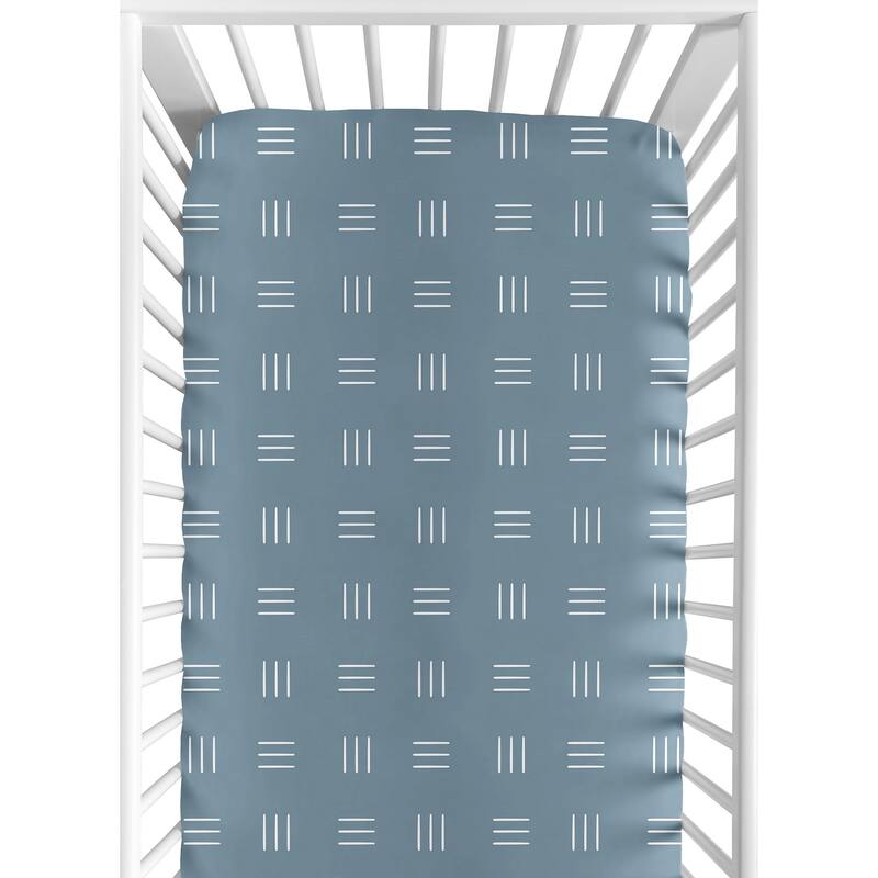 Dark Blue Boho Mudcloth Fitted Crib Sheet Slate Blue White Bohemian Woodland Tribal Southwest Hatch Gender Neutral Triple Line