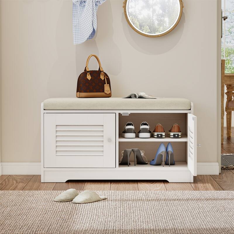 28.7" Shoe Storage Bench with 2 Doors,Cushion and Adjustable Shelves