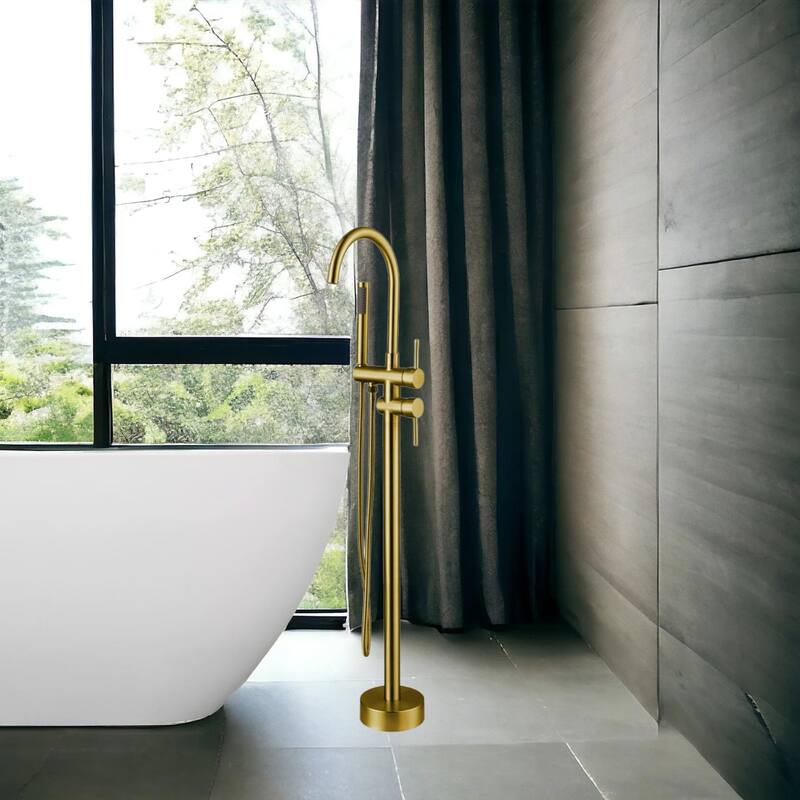 KISRAIS Double Handle Floor Mounted Freestanding Tub Filler Faucet with Handshower - Gold