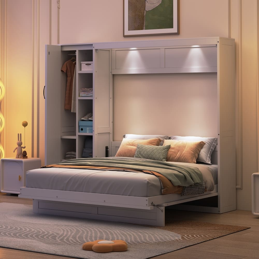 Wooden Murphy Bed, Foldable Wall Bed with Wardrobe and Open Shelves, Hidden Vertical Cabinet Bed Frame, LED Murphy Beds Chest