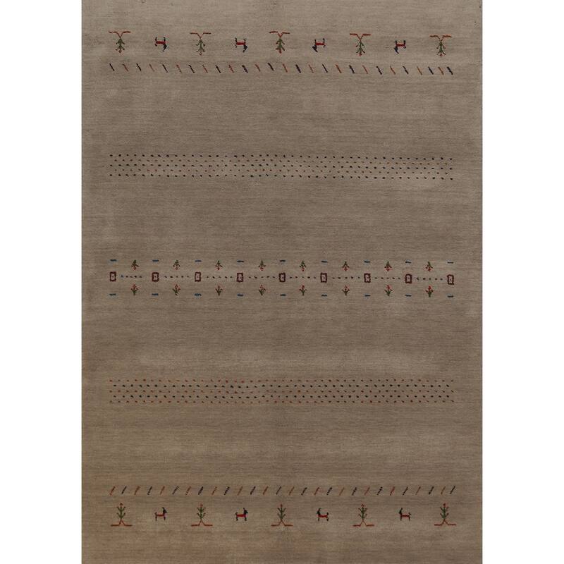 Tribal Gabbeh Area Rug Hand-Knotted Beige Oriental Wool Carpet - 5'7" x 7'10"