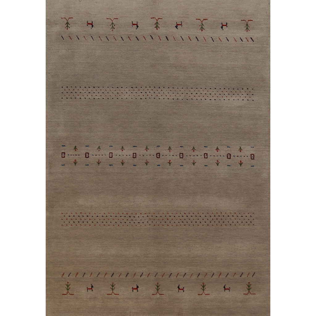 Tribal Gabbeh Area Rug Hand-Knotted Beige Oriental Wool Carpet - 5'7" x 7'10"