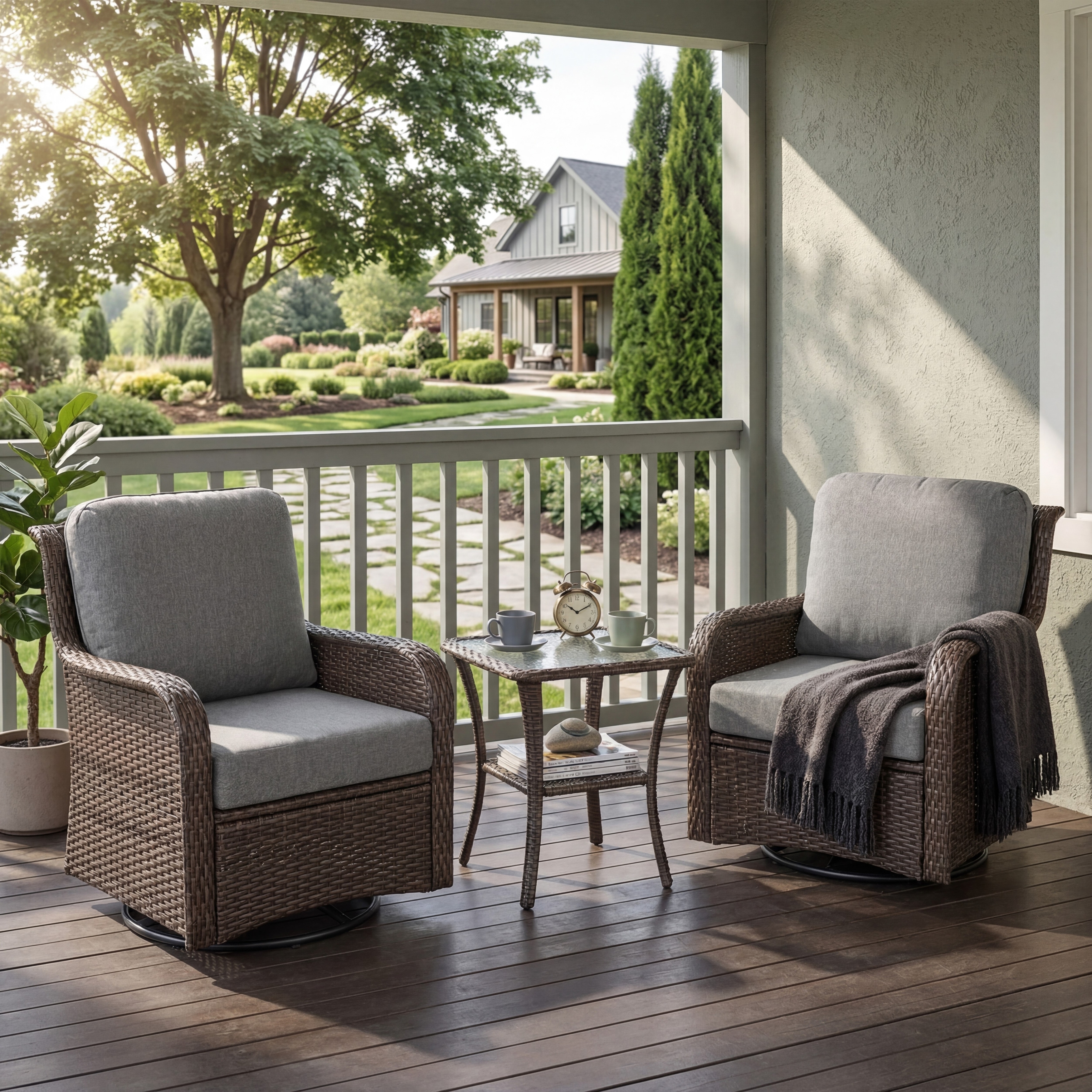 3-Piece Outdoor Swivel Rocking Chair Set with Side Table 360° Swivel & Rocking Motion