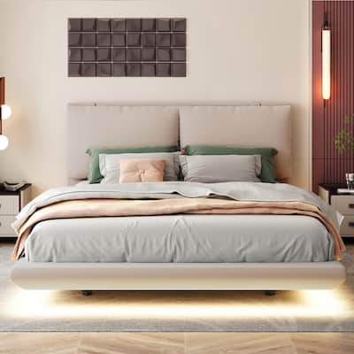 Queen Size Upholstered Platform Bed with Sensor Light and 2 Large Backrests and 2 sets of USB Port and Socket on each rear Leg