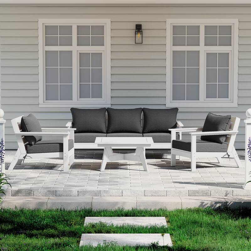 Birchwood All Weather HDPE Outdoor Patio White Deep Seating Conversation Set (6-Piece Set) - White/Gray