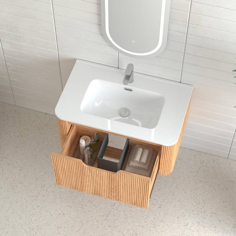 30" Wall-Mounted Floating Solid Wood Bathroom Vanity Pre-Assembled Curved Edge Storage Cabinet With Ceramic Basin