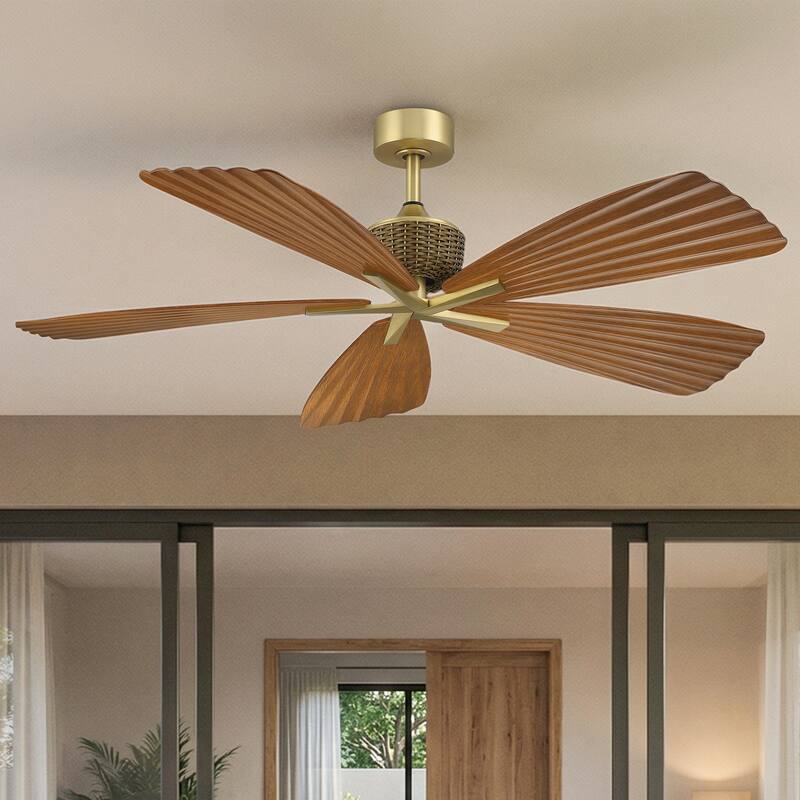 56" Tropical Brown Palm Leaf 5-Blade Indoor Outdoor Ceiling Fan with Remote, No Light