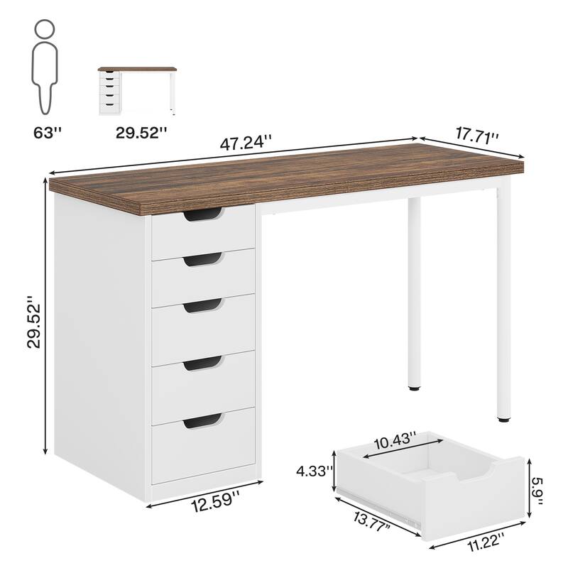 47 inches Computer Desk with 5 Drawers for Home Office