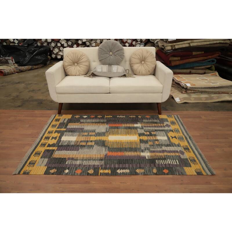 Hand Woven Oriental 100% Wool Carpet Southwestern Tribal Greys & Charcoal Kilim Area Rug - 5' 8'' X 3' 8''