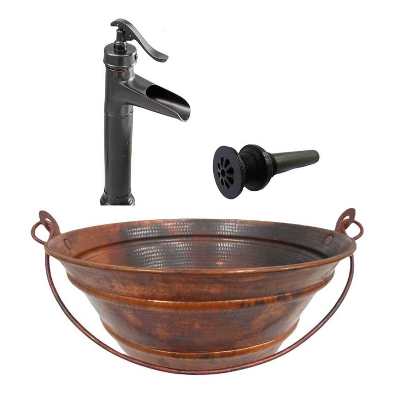 15" Round Copper Vessel Bath Sink in Natural Patina, 13" Faucet & Drain Included - 15" x 15" x 6"