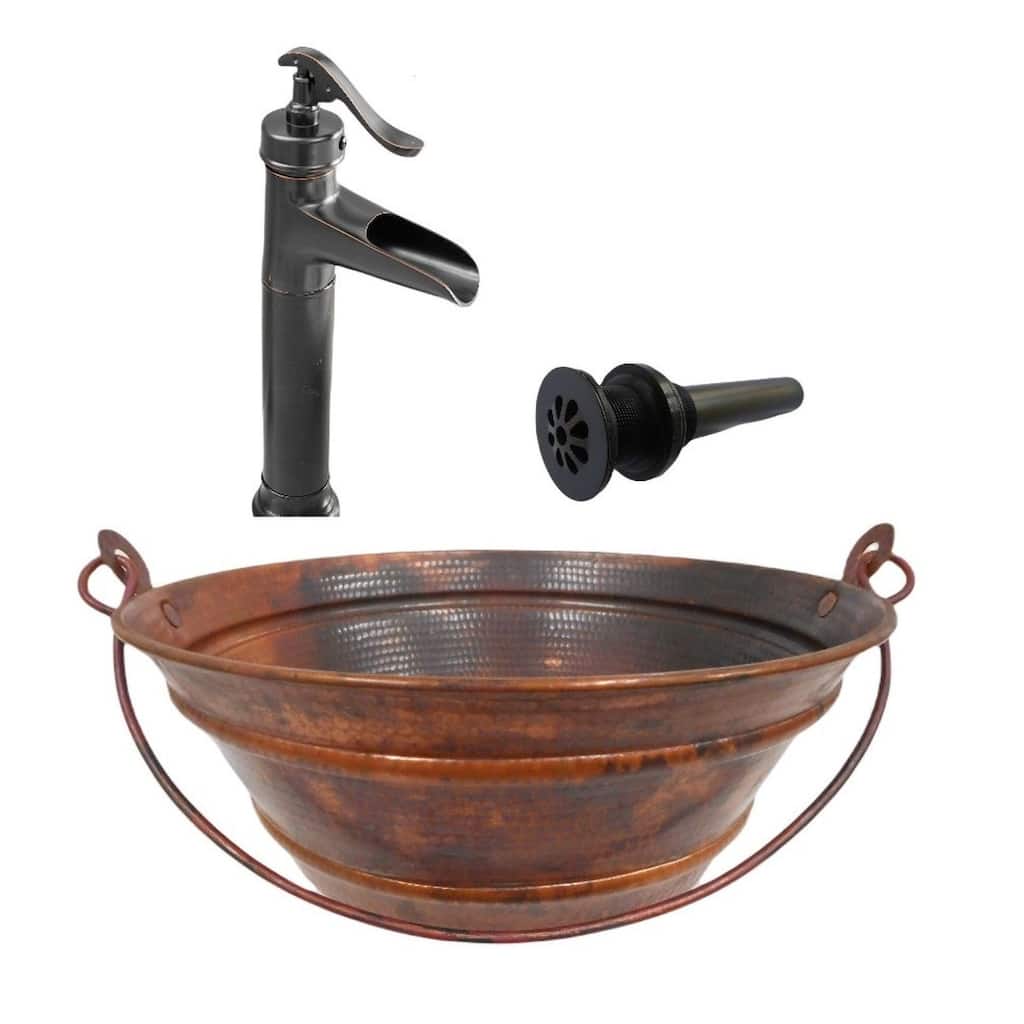 15" Round Copper Vessel Bath Sink in Natural Patina, 13" Faucet & Drain Included - 15" x 15" x 6"