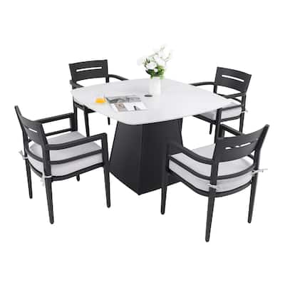 5-Piece Pedestal Dining Set - 44" Sintered Stone Table with 4 Armchairs, Rust-Free Aluminum, Ember Black