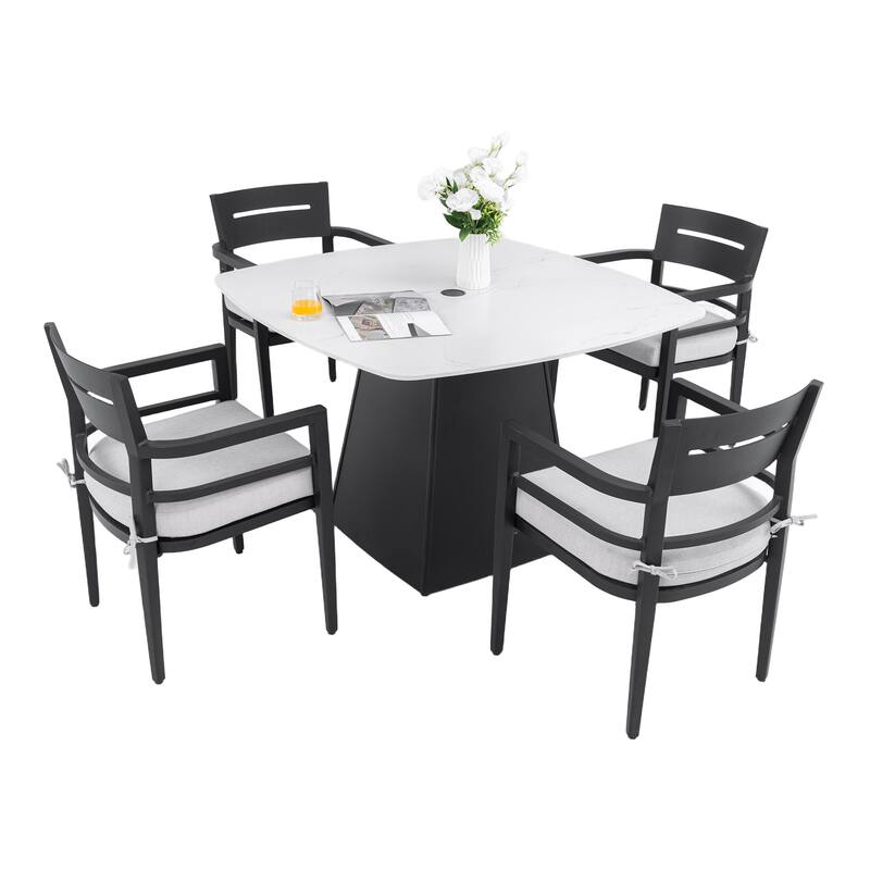5PC Modern Patio Set - 44" Marble-Look Sintered Stone Table with Pyramid Base & 4 Sunbrella-Cushioned Chairs. - Ember Black