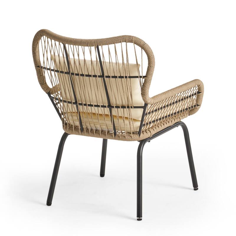2 Piece Contemporary Bohemian Beach Club Chairs with Steel Frame, Rope-Wrapped Seat & Back for Gardens, Poolside