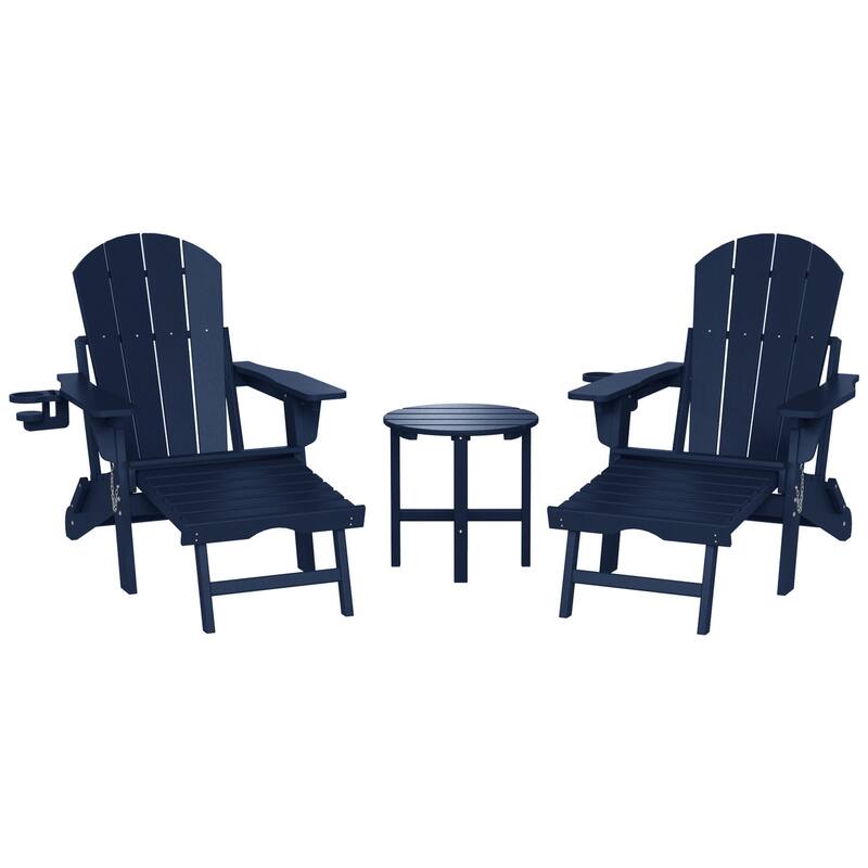 Laguna Outdoor 3-Piece Folding Adjustable Adirondack Chair with Hideaway Ottoman & Round Side Table - Navy Blue